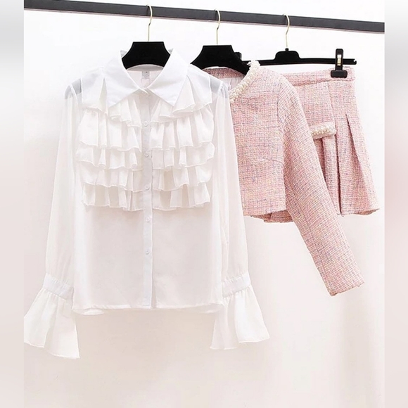 Set Chanelish Le Rose Pink Tweed Jacket And Skirt - Picture 12 of 16